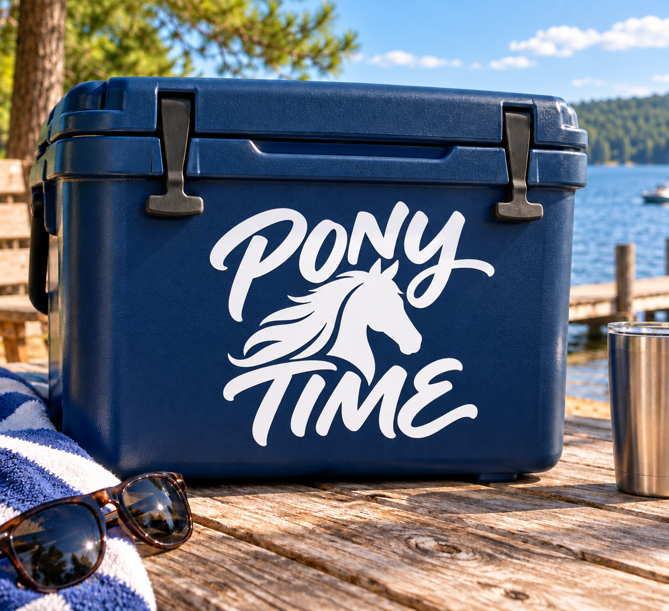 Pony Time vinyl decal logo on dark blue surface with white horse and script