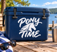 Pony Time vinyl decal logo on dark blue surface with white horse and script