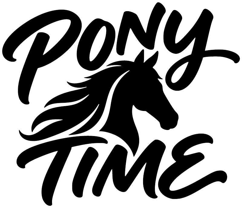 Pony Time vinyl decal with black script and horse graphic