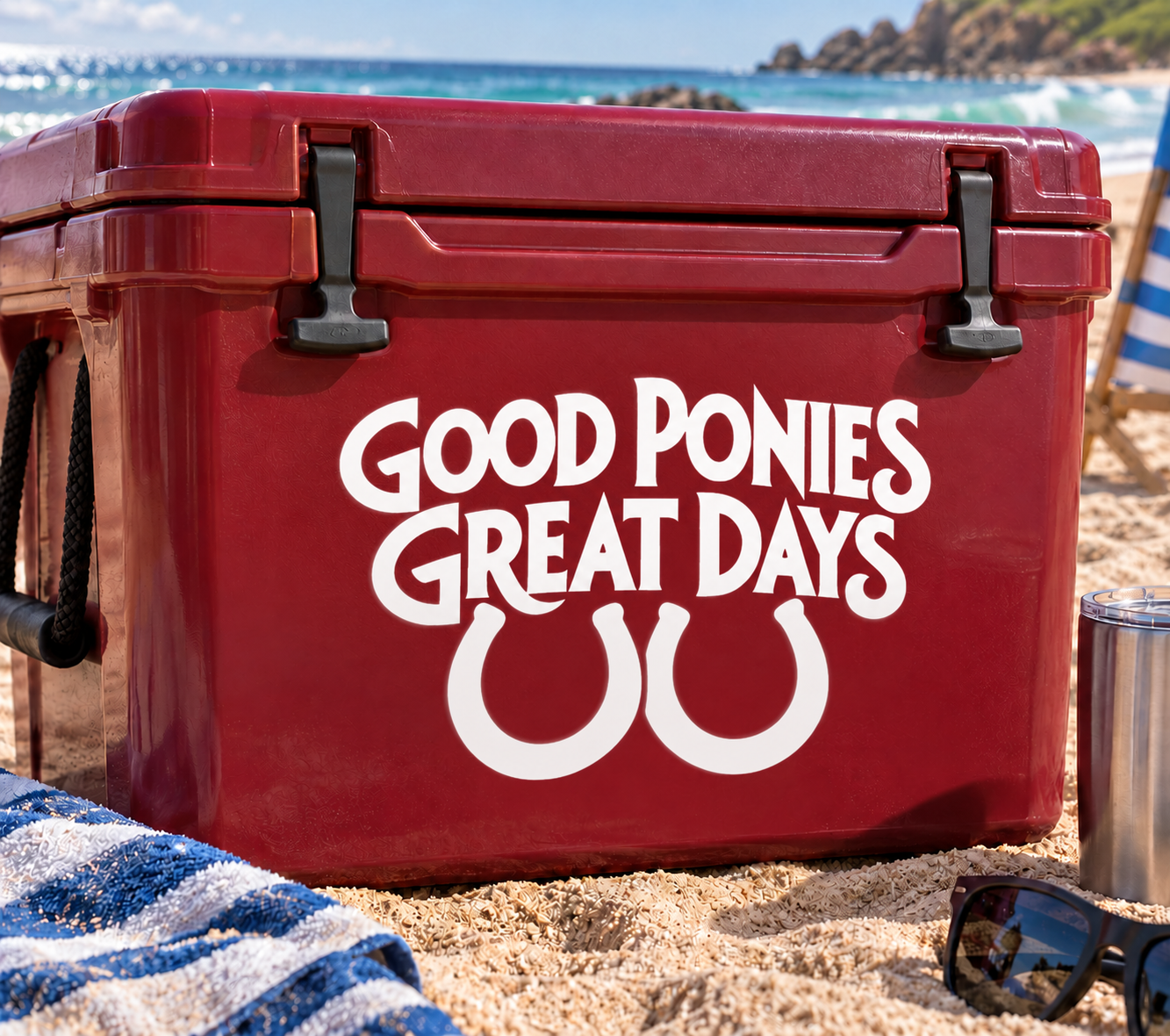 White vinyl decal: GOOD PONIES GREAT DAYS with horseshoes