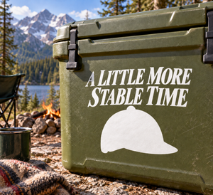 Vinyl decal: “A LITTLE MORE STABLE TIME” text with white helmet silhouette