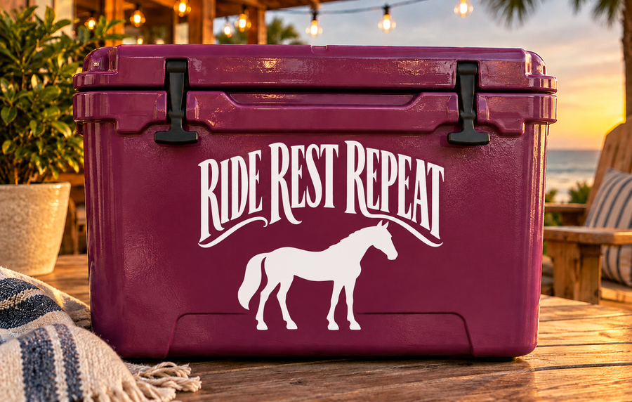 Vinyl decal with white 'RIDE REST REPEAT' text and horse silhouette