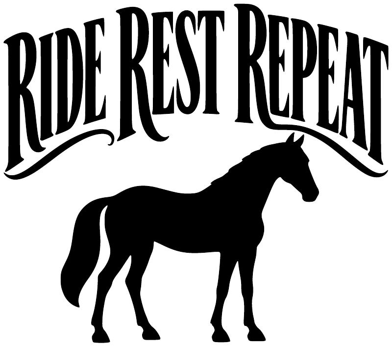 Vinyl decal with black 'RIDE REST REPEAT' lettering and black horse silhouette