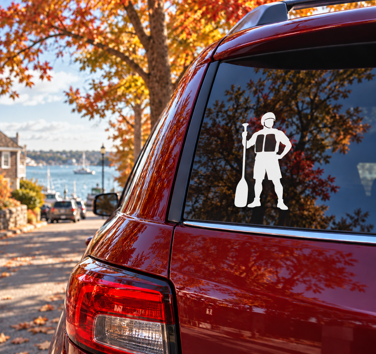 Rafting paddle ready vinyl decal with paddler silhouette on car window