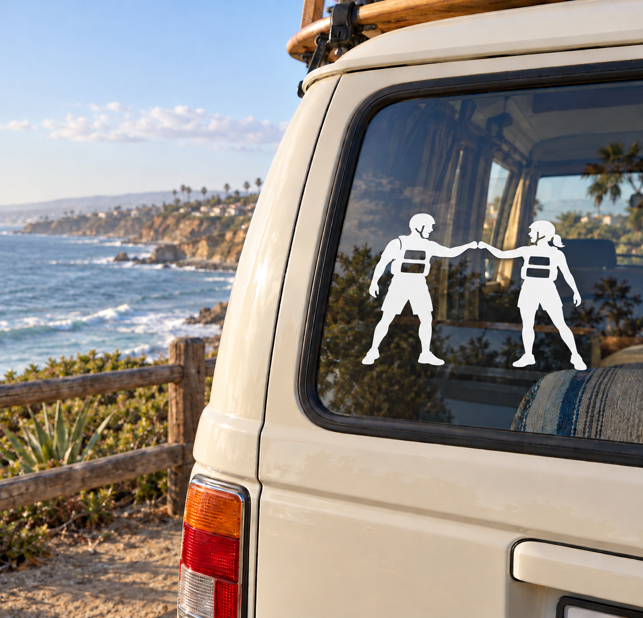 White rafting partner vinyl decal of two life-vest figures holding hands on window
