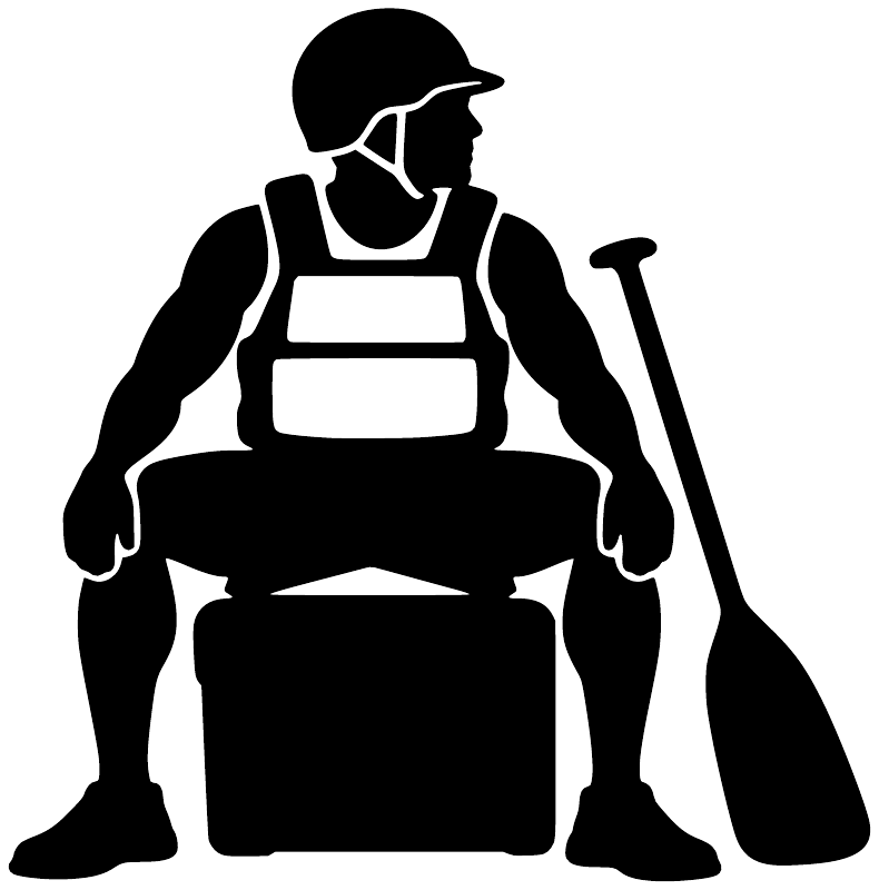 Black silhouette rafting vinyl decal of paddler with oar and life vest