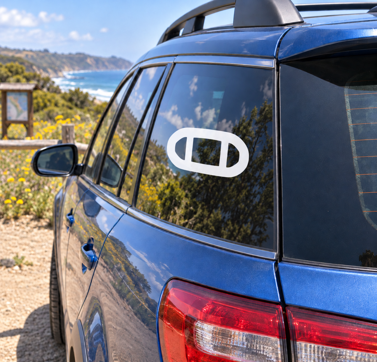Car window vinyl decal with white oval logo