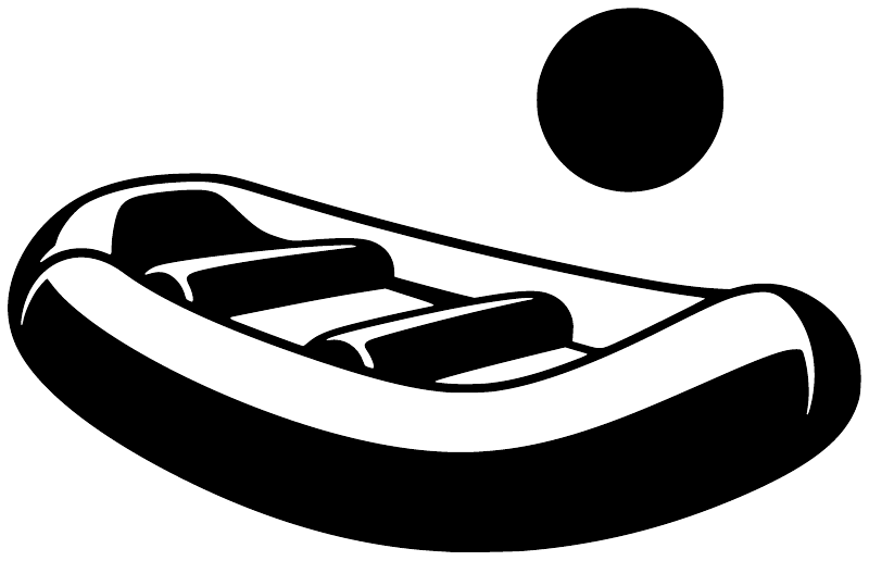 Rafting return vinyl decal, black-and-white raft icon with small black circle