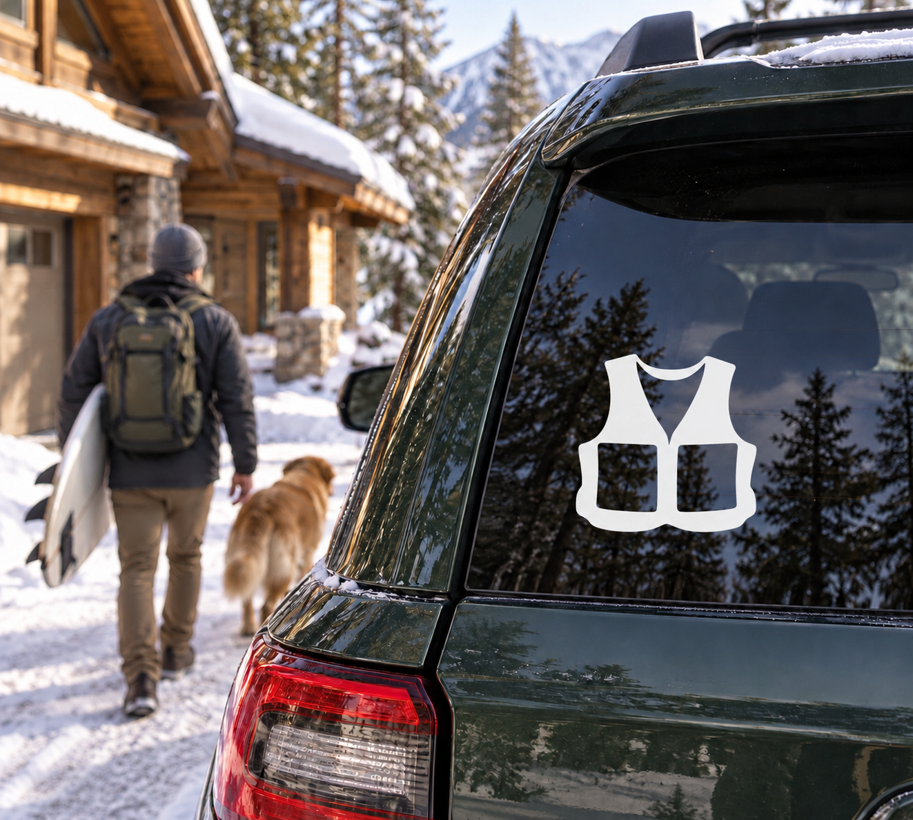 Rafting vest emblem vinyl decal: white shield icon on a car window