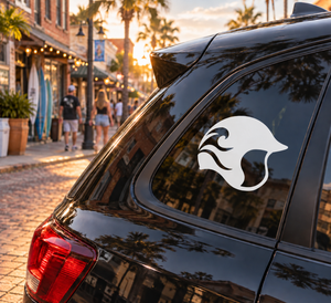 Rafting helmet emblem vinyl decal, white logo on dark vehicle window