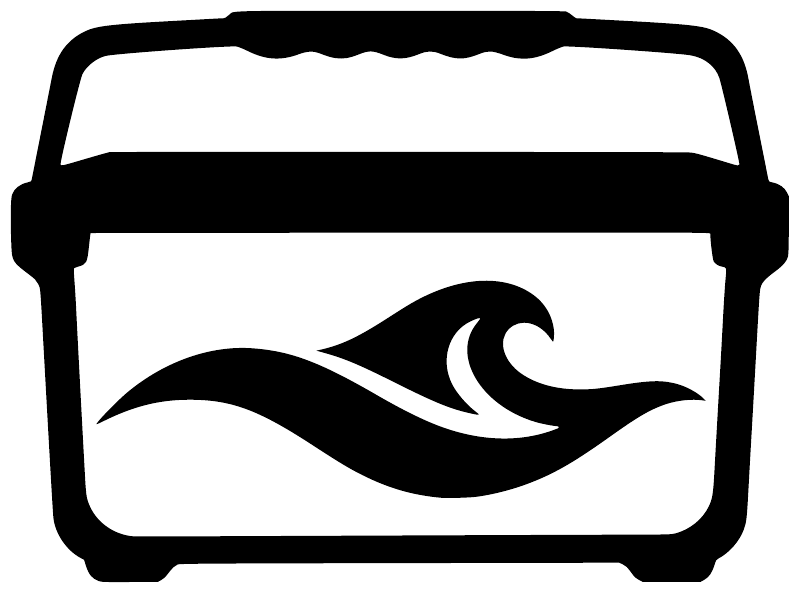 Vinyl cooler decal icon: black cooler outline with fish and wave graphic