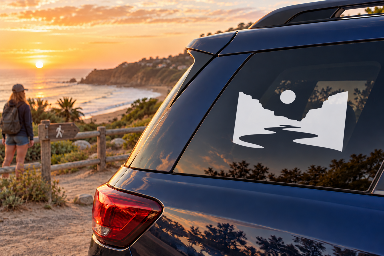 Rafting river bend emblem vinyl decal on car window, white silhouette on clear background