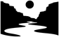 Rafting river bend emblem vinyl decal, black design with white raft silhouette and dot