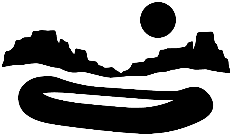 Black rafting vinyl decal with canyon mountains, raft rider silhouette, and round dot