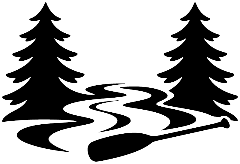 Vinyl decal graphic: two black pine trees with a white wavy river line