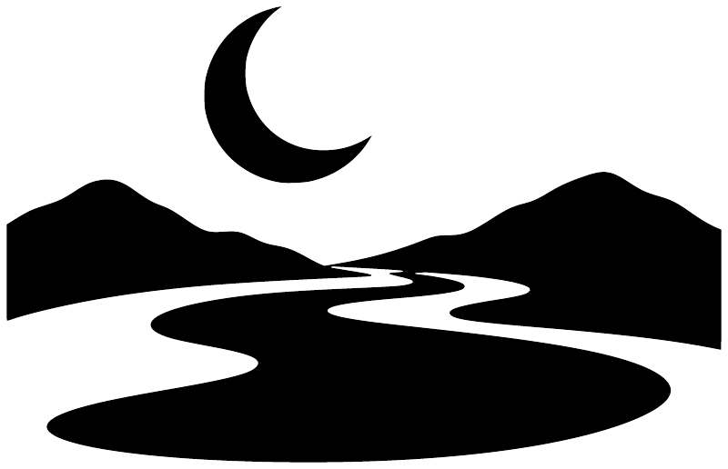 Vinyl decal graphic: black moon over white raft and river silhouette