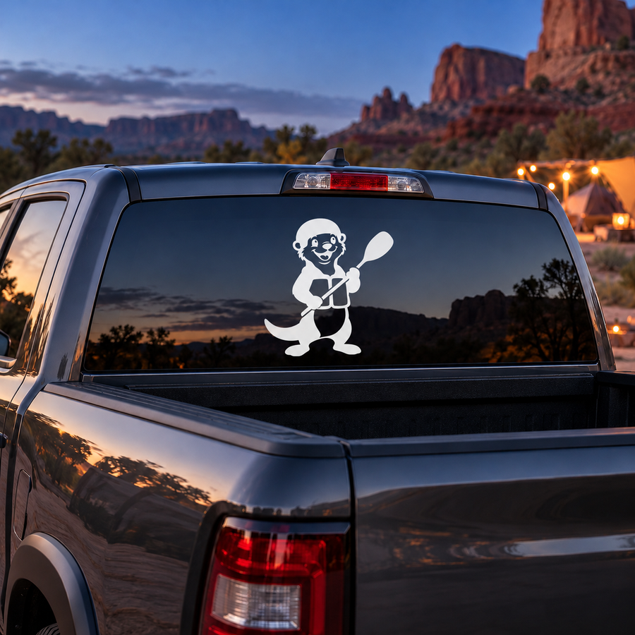 Rafting otter vinyl decal on car rear window, white cartoon otter holding paddle
