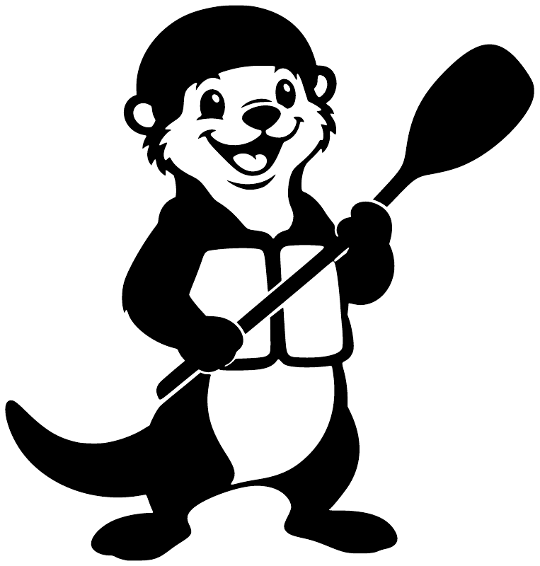 Rafting otter vinyl decal, black and white cartoon otter holding a paddle