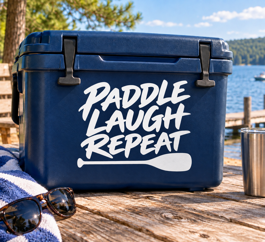 Rafting paddle laugh repeat vinyl decal, white text on dark background