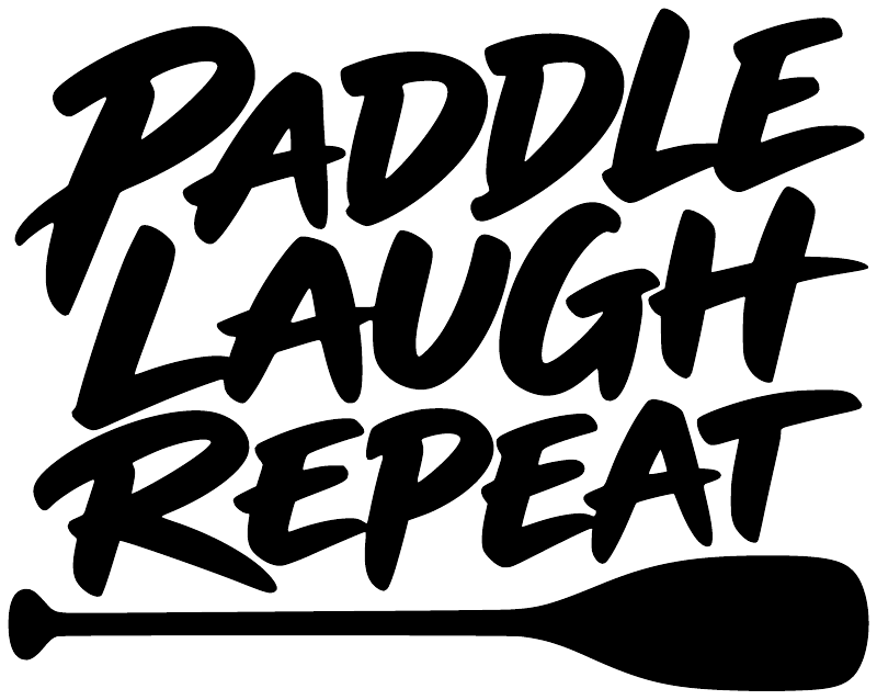 Rafting paddle laugh repeat vinyl decal with bold black lettering