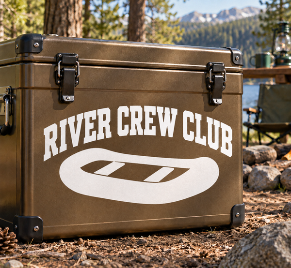 Vinyl decal with white “RIVER CREW CLUB” text and oval logo with diagonal stripes