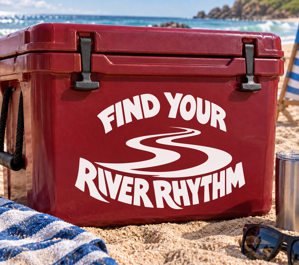 Red vinyl decal with “FIND YOUR RIVER RHYTHM” text and wave graphic