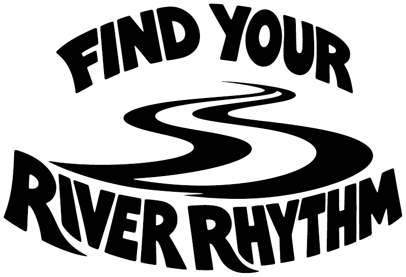 Vinyl decal reading “FIND YOUR RIVER RHYTHM” with black wave lines