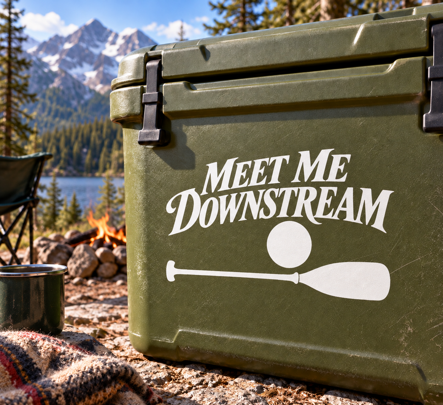 Meet Me Downstream vinyl decal with paddle icon on green cooler