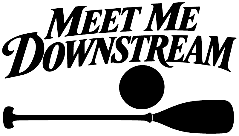 Meet Me Downstream vinyl decal text with paddle oar icon, black on white