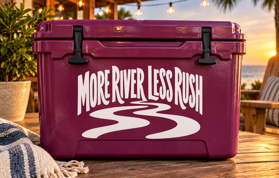 Vinyl decal: 'MORE RIVER LESS RUSH' with white wave graphic on purple cooler