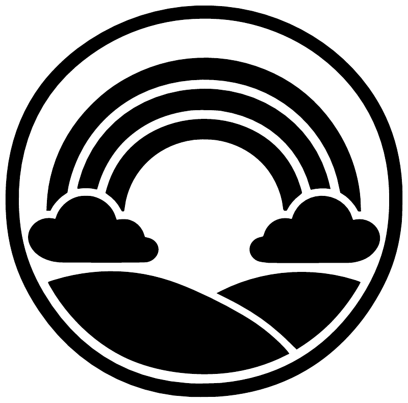 Round vinyl decal featuring rainbow arches above mountain and two cloud silhouettes