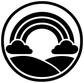 Round vinyl decal featuring rainbow arches above mountain and two cloud silhouettes