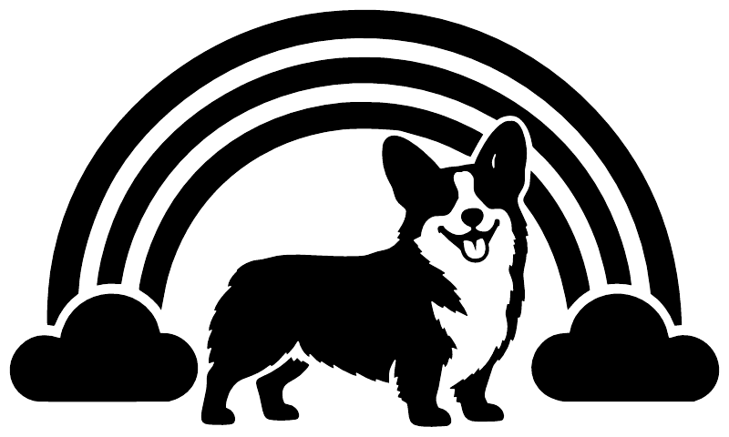 Corgi vinyl decal with black dog silhouette, rainbow arches, and cloud icons