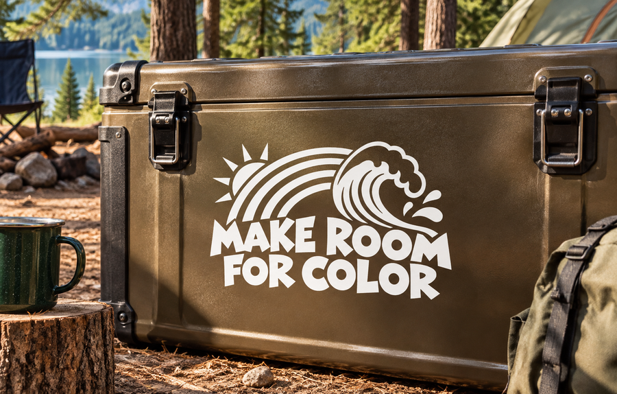 Vinyl decal reading "MAKE ROOM FOR COLOR" with rainbow and fish icons on dark case