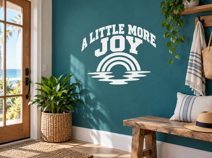 Vinyl wall decal: 'A LITTLE MORE JOY' text with rainbow and wave accents