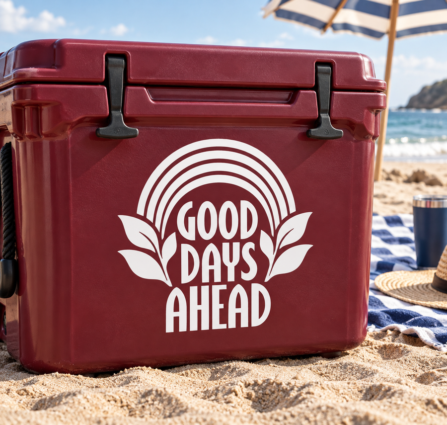 Vinyl decal featuring “GOOD DAYS AHEAD” with rainbow arcs and laurel leaves