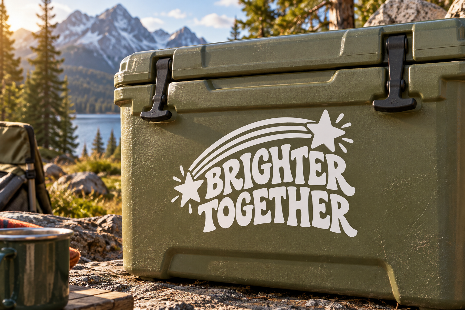Brighter Together rainbow vinyl decal with star accents and arched text on a dark cooler