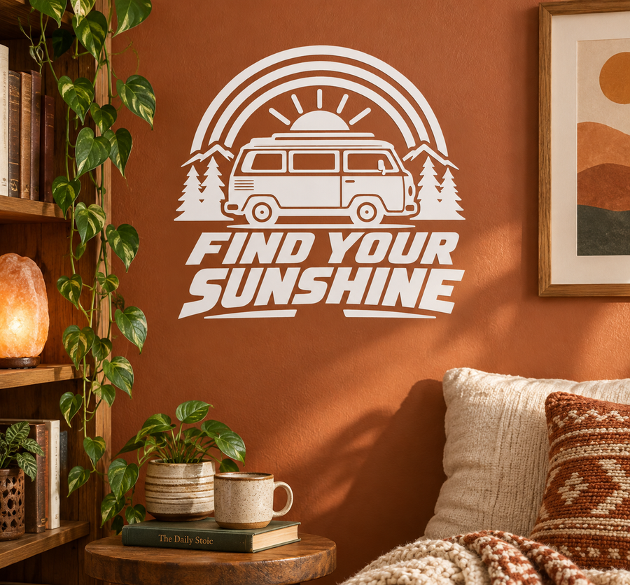 Sunshine vinyl decal with rainbow arch, camper van, and 'Find Your Sunshine' text