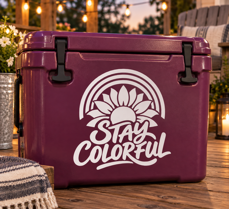 Rainbow Stay Colorful vinyl decal with sunburst icon, for cooler or outdoor gear