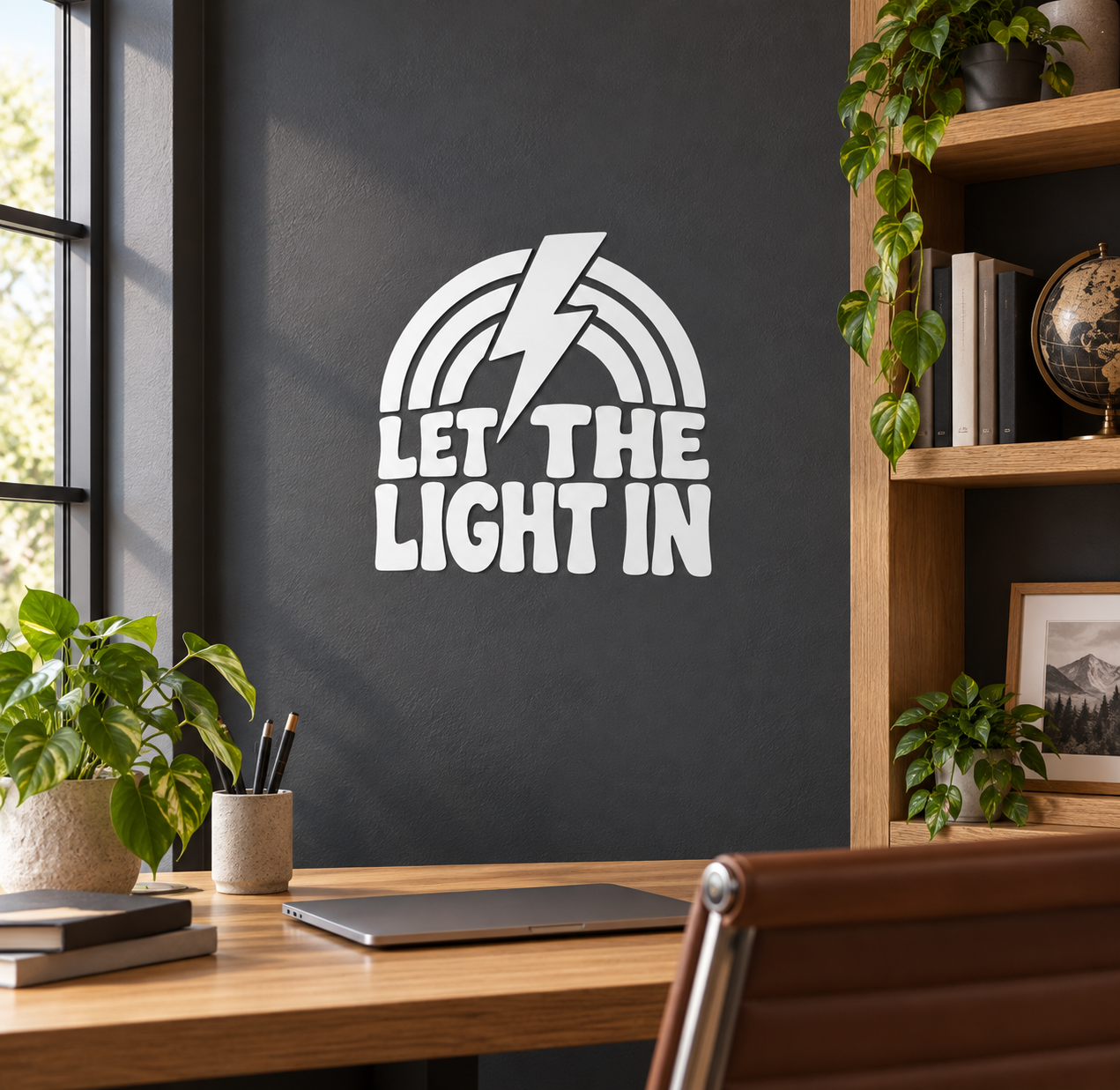 Black and white vinyl wall decal with lightning bolt and “Let the Light In”