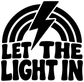 Close-up black vinyl decal with bold white “Let the Light In” lettering and bolt