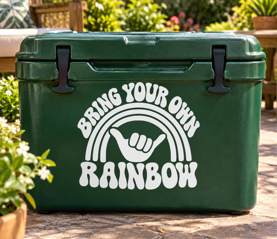 White rainbow vinyl decal with arch icon and 'BRING YOUR OWN RAINBOW' text