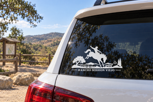Vinyl decal for car: black rodeo rider silhouette on horse with Rancho Mission Viejo text.