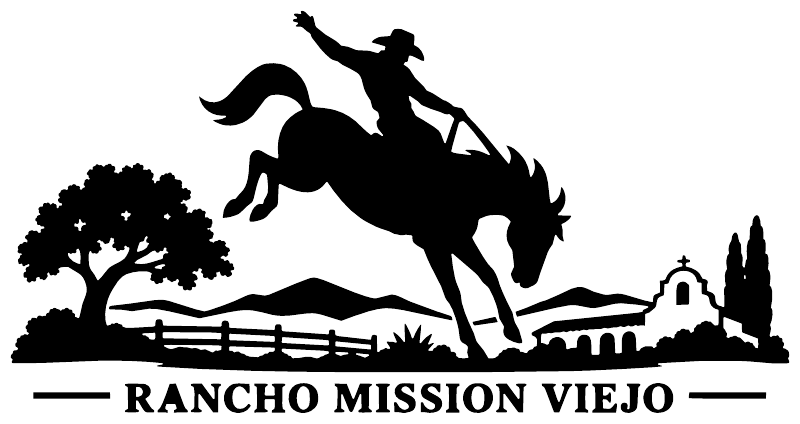 Vinyl decal with cowboy on horse above landscape; bold Rancho Mission Viejo wording.