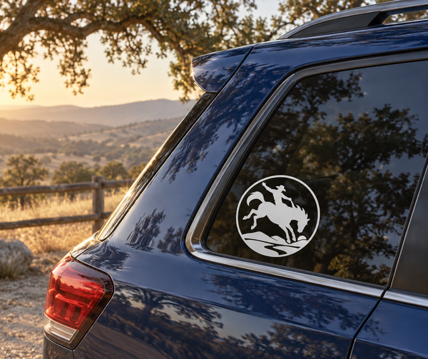 Rodeo rider crest vinyl decal, circular cowboy-on-horse silhouette on car window