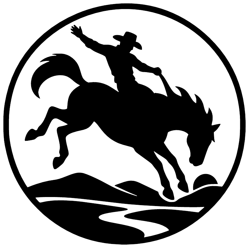 Rodeo rider crest vinyl decal close-up, circular cowboy-on-horse silhouette in black and white