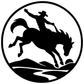Rodeo rider crest vinyl decal close-up, circular cowboy-on-horse silhouette in black and white