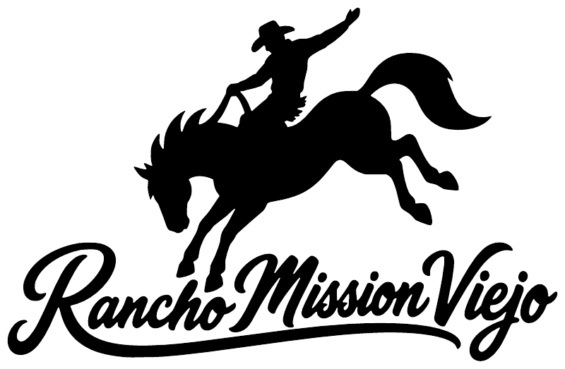 Black rider-on-horse silhouette and RanchoMissionViejo script vinyl decal on white