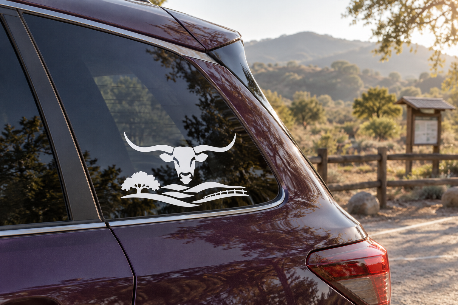 Vinyl decal of black longhorn head with ranch landscape for car window