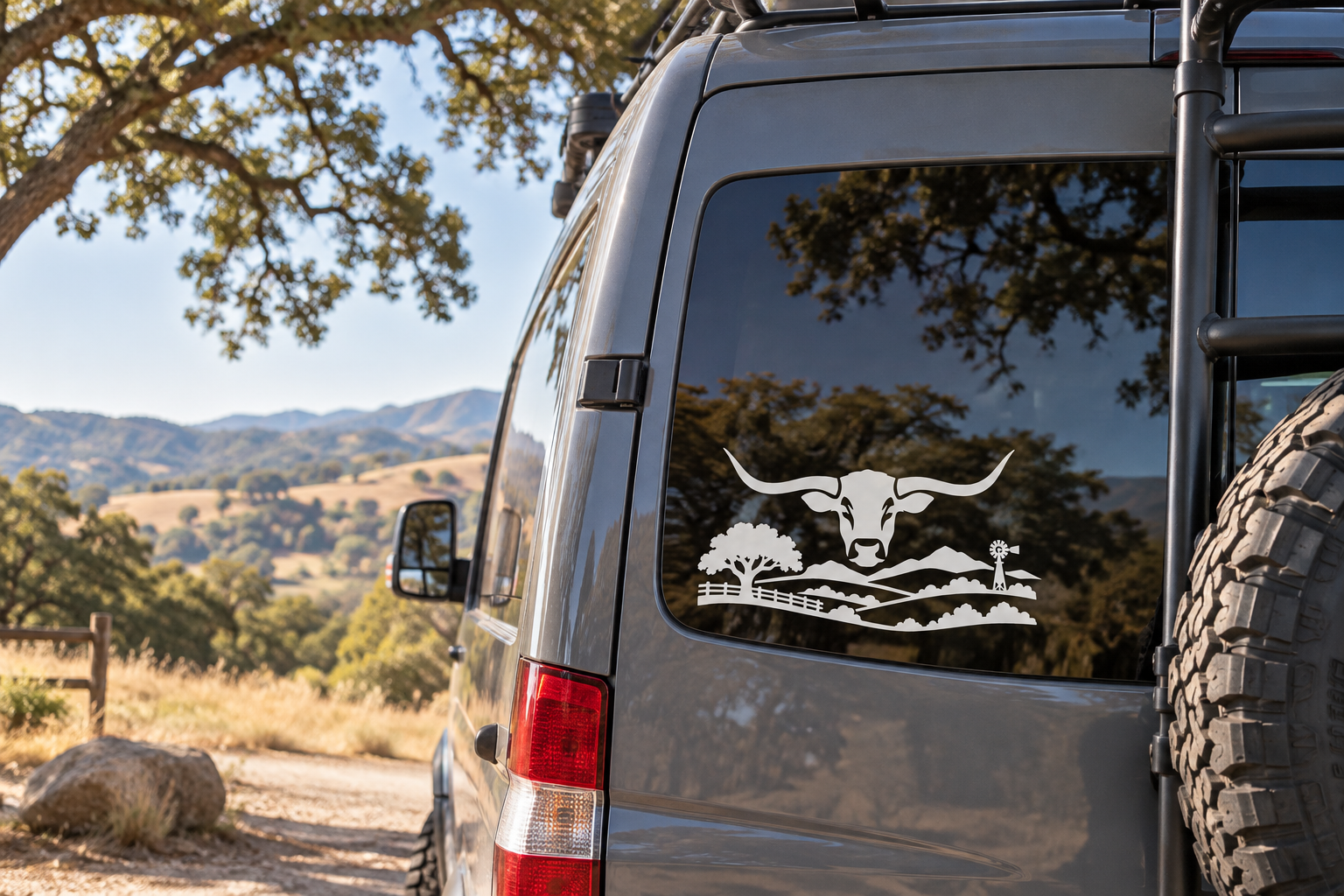 Ranch longhorn horizon vinyl decal on vehicle window, white landscape silhouette